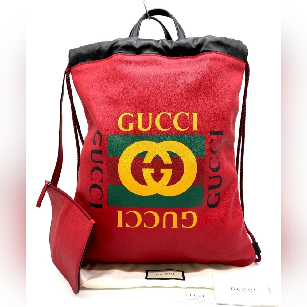 Gucci Logo Red Drawstring Backpack With Pouch And… - image 1